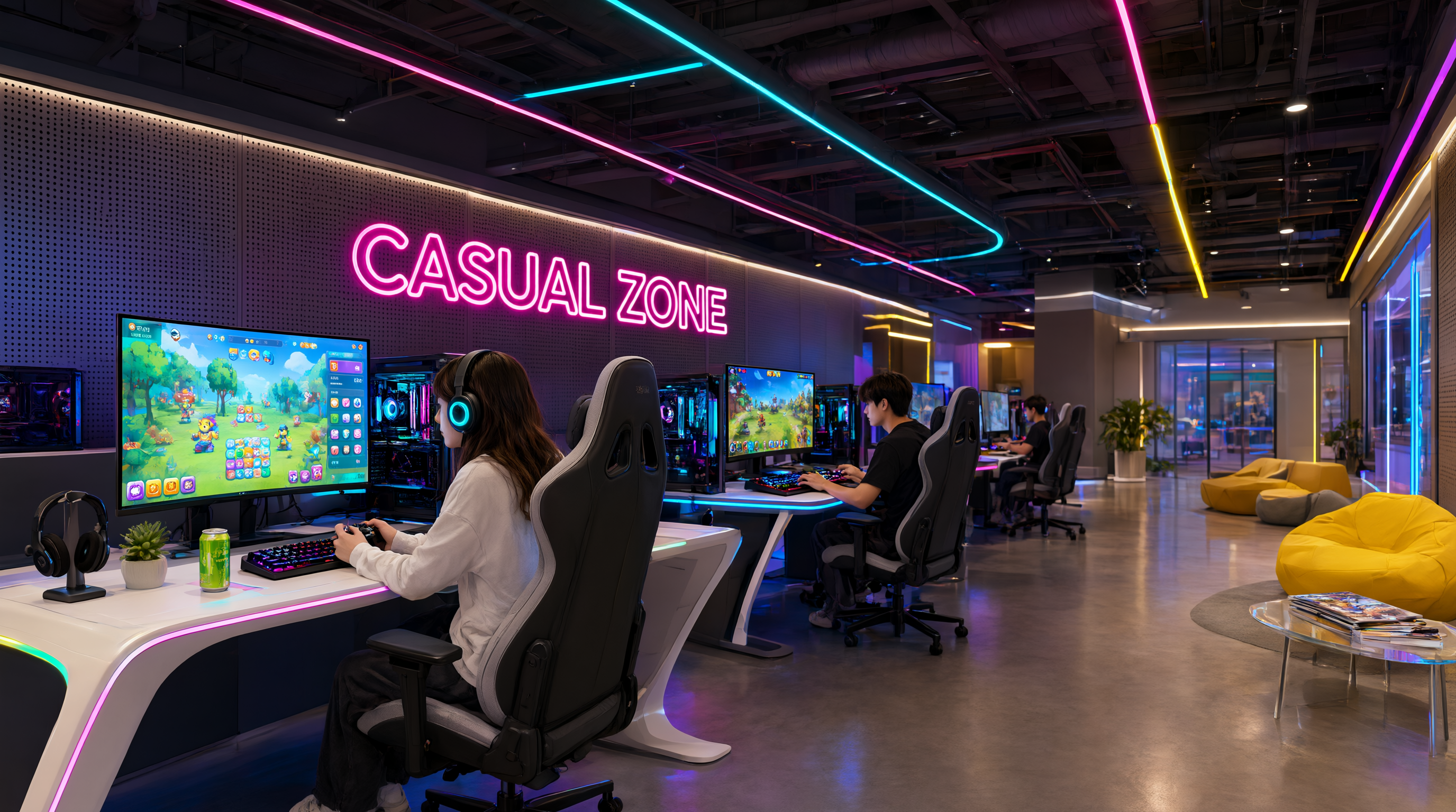 Fényes digitális arcade szoba böngésző játék képernyőkkel, neon kiemelésekkel és játékosokkal